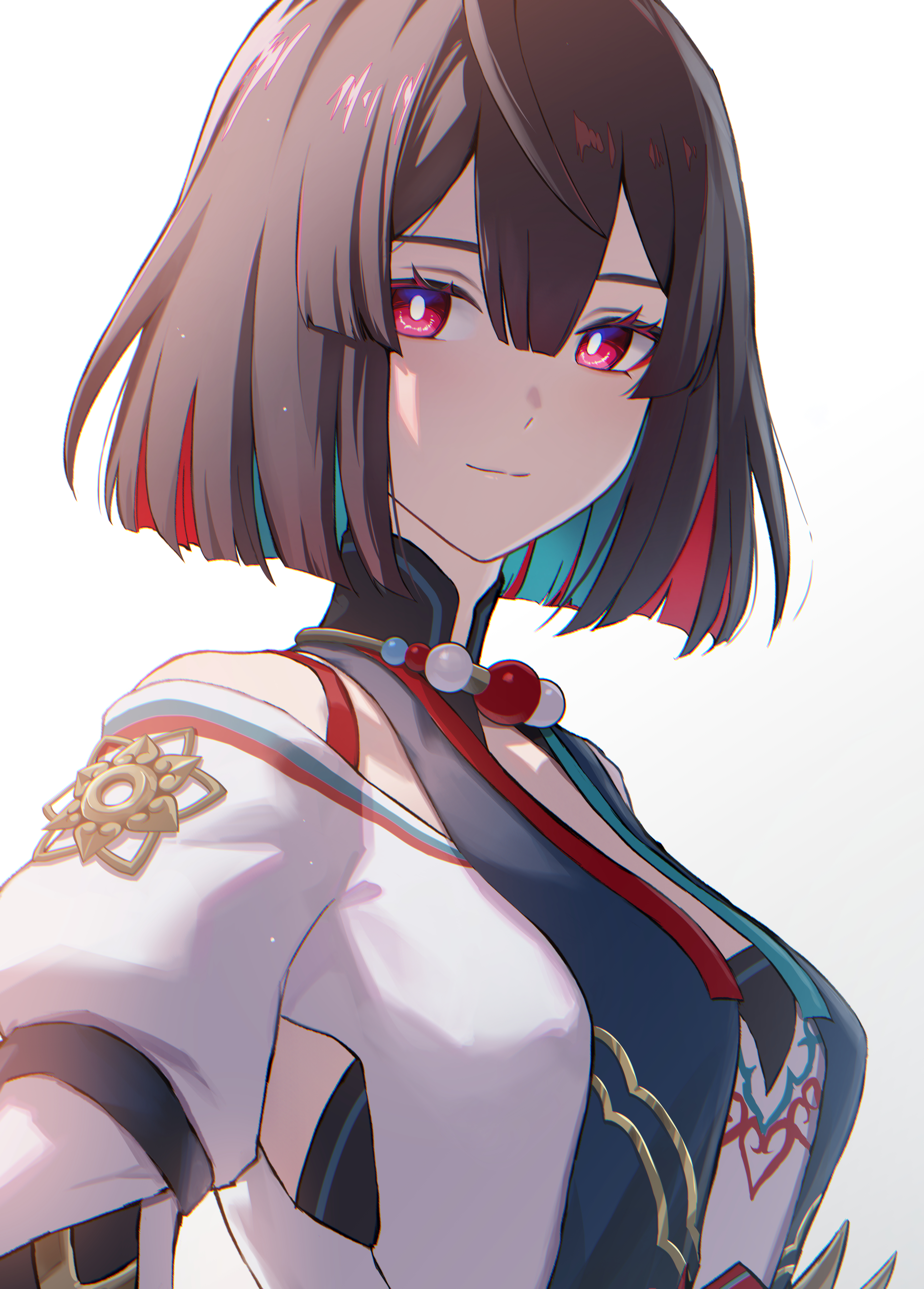 michiko (ui29), xueyi (honkai: star rail), honkai: star rail, honkai (series), absurdres, commentary request, highres, 1girl, black hair, bright pupils, green hair, looking at viewer, medium hair, multicolored hair, red eyes, red hair, simple background, smile, solo, upper body, white background, white pupils
