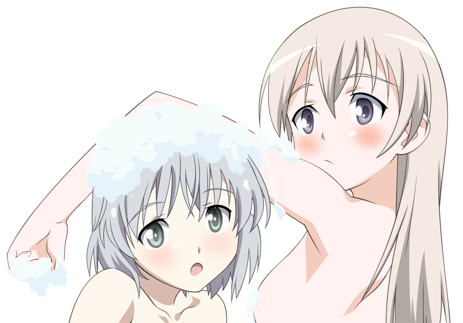eila ilmatar juutilainen, sanya v. litvyak, strike witches, world witches series, silver hair, derivative work, non-web source, vector trace, 00s, 2girls, blonde hair, blush, green eyes, long hair, multiple girls, nude, purple eyes, short hair, showering, soap bubbles, transparent background