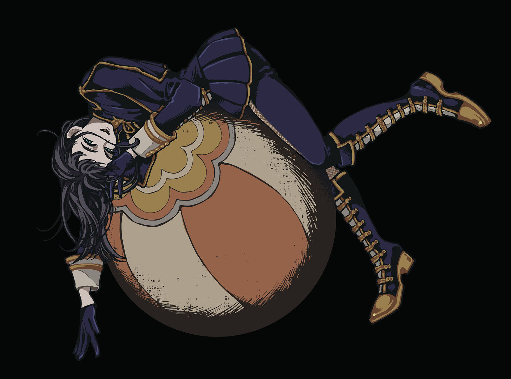 timoris (bang dream!), yahata umiri, bang dream!, bang dream! it's mygo!!!!!, commentary request, highres, official art, 1girl, ball, black background, black boots, black gloves, black hair, black jacket, black pants, boots, exercise ball, foot up, full body, gloves, hachibousei dance (bang dream!), horokenmo, jacket, knee boots, looking at viewer, lying, lying on ball, official alternate costume, on stomach, open mouth, pants, simple background, smile, solo