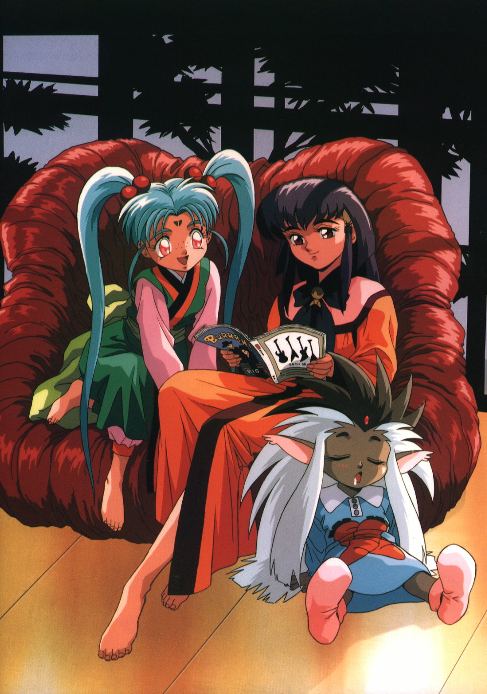 masaki aeka jurai, masaki sasami jurai, ryou-ouki, tenchi muyou!, highres, 1990s (style), 3girls, barefoot, blue hair, carrot, couch, facial mark, forehead mark, freckles, jewelry, long hair, multiple girls, personification, purple hair, red eyes, retro artstyle, twintails