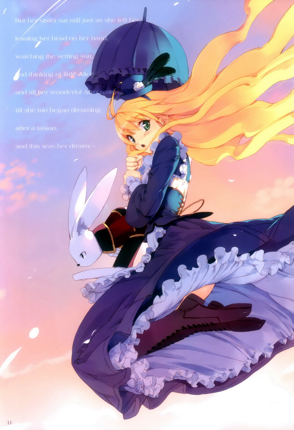 ueda ryou, alice (alice in wonderland), white rabbit (alice in wonderland), alice's adventures in wonderland, highres, 1girl, :o, blonde hair, boots, dress, english text, female focus, green eyes, hat, long hair, parasol, rabbit, solo, umbrella