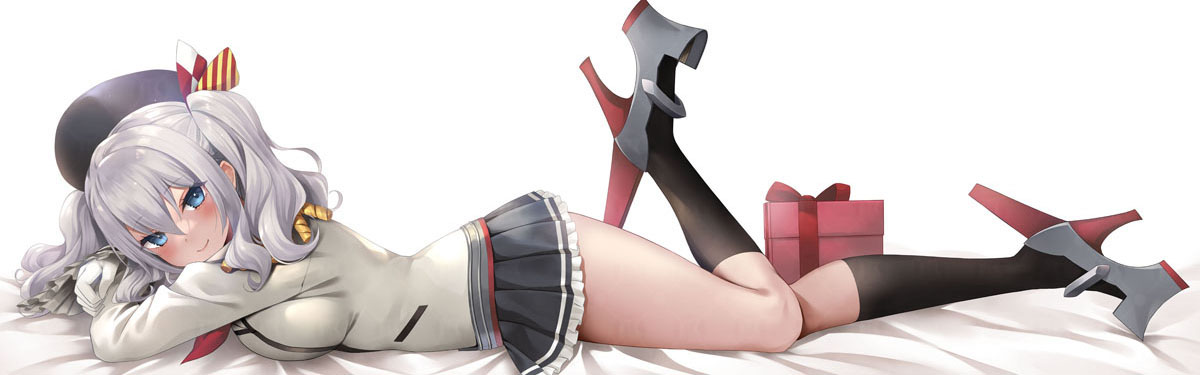 kochipu, kashima (kancolle), kantai collection, commentary request, 1girl, beret, black hat, black skirt, box, breasts, epaulettes, gift, gift box, grey hair, hat, high heels, jacket, large breasts, lying, military jacket, military uniform, miniskirt, on stomach, pleated skirt, rudder footwear, simple background, skirt, smile, solo, twintails, wavy hair, white background, white jacket