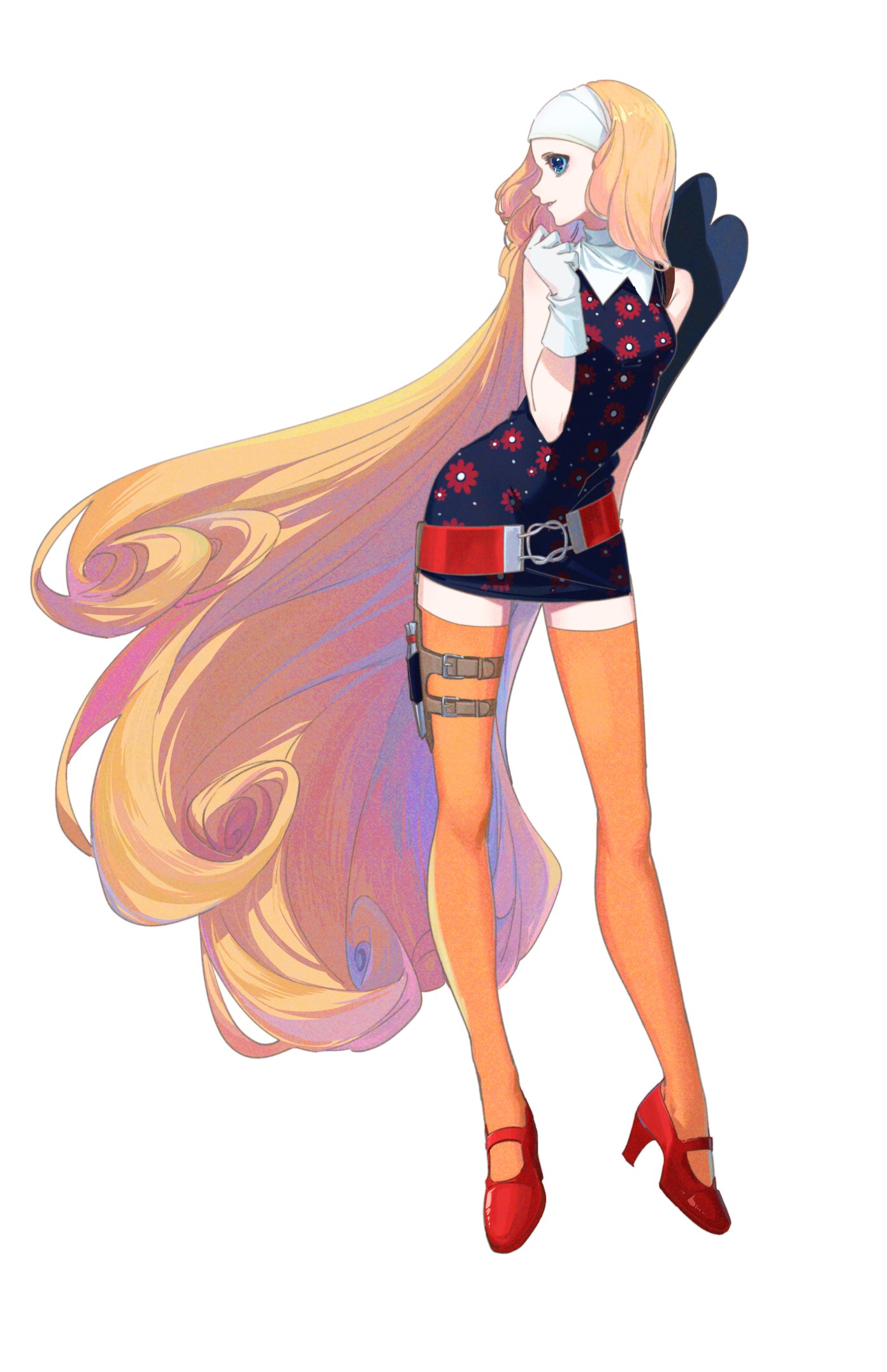 you92, junah (metaphor: refantazio), metaphor: refantazio, commentary, highres, 1girl, bare shoulders, belt, black dress, blonde hair, blue eyes, dress, floral print, floral print dress, gloves, hairband, high heels, long hair, looking at viewer, orange thighhighs, print dress, profile, red belt, simple background, sleeveless, sleeveless dress, solo, thighhighs, very long hair, white background, white gloves, white hairband