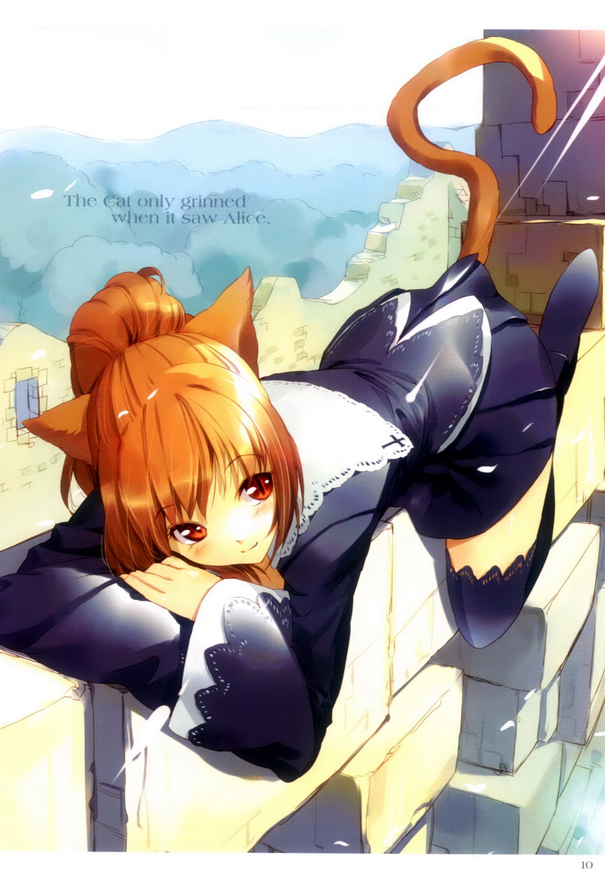 ueda ryou, cheshire cat (alice in wonderland), alice's adventures in wonderland, highres, 1girl, animal ears, cat ears, cat tail, english text, female focus, orange hair, ponytail, red eyes, solo, tail