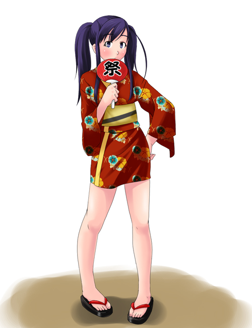toshifumi, ogasawara sachiko, maria-sama ga miteru, 00s, 1girl, bare legs, blue eyes, clog sandals, covering own mouth, female focus, floral print, floral print kimono, hand fan, hand on own hip, holding, holding fan, japanese clothes, kimono, paper fan, pigeon-toed, print kimono, purple hair, red kimono, sandals, solo, twintails, uchiwa, yukata, zouri