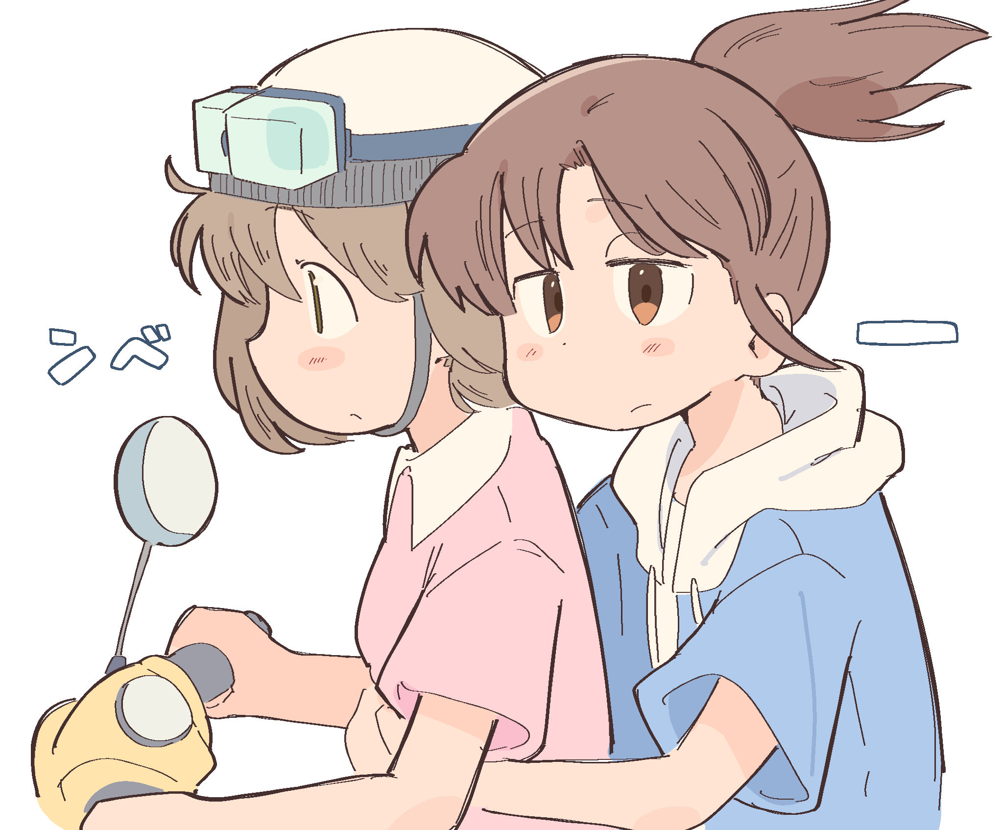 ayumu niikura, nagumo midori, city (arawi keiichi), highres, translation request, 2girls, blonde hair, blue hoodie, blush stickers, brown eyes, brown hair, closed mouth, collared shirt, driving, floating hair, from side, hands on another's chest, helmet, hood, hood down, hoodie, looking ahead, looking at viewer, medium hair, motor vehicle, multiple girls, on scooter, pink shirt, ponytail, profile, riding scooter, scooter, shirt, short hair, short sleeves, sidelocks, simple background, white background, wichimi