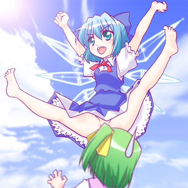 kairakuen umenoka, cirno, daiyousei, embodiment of scarlet devil, touhou, 2girls, barefoot, censored, convenient censoring, feet, female focus, loli, multiple girls, no panties