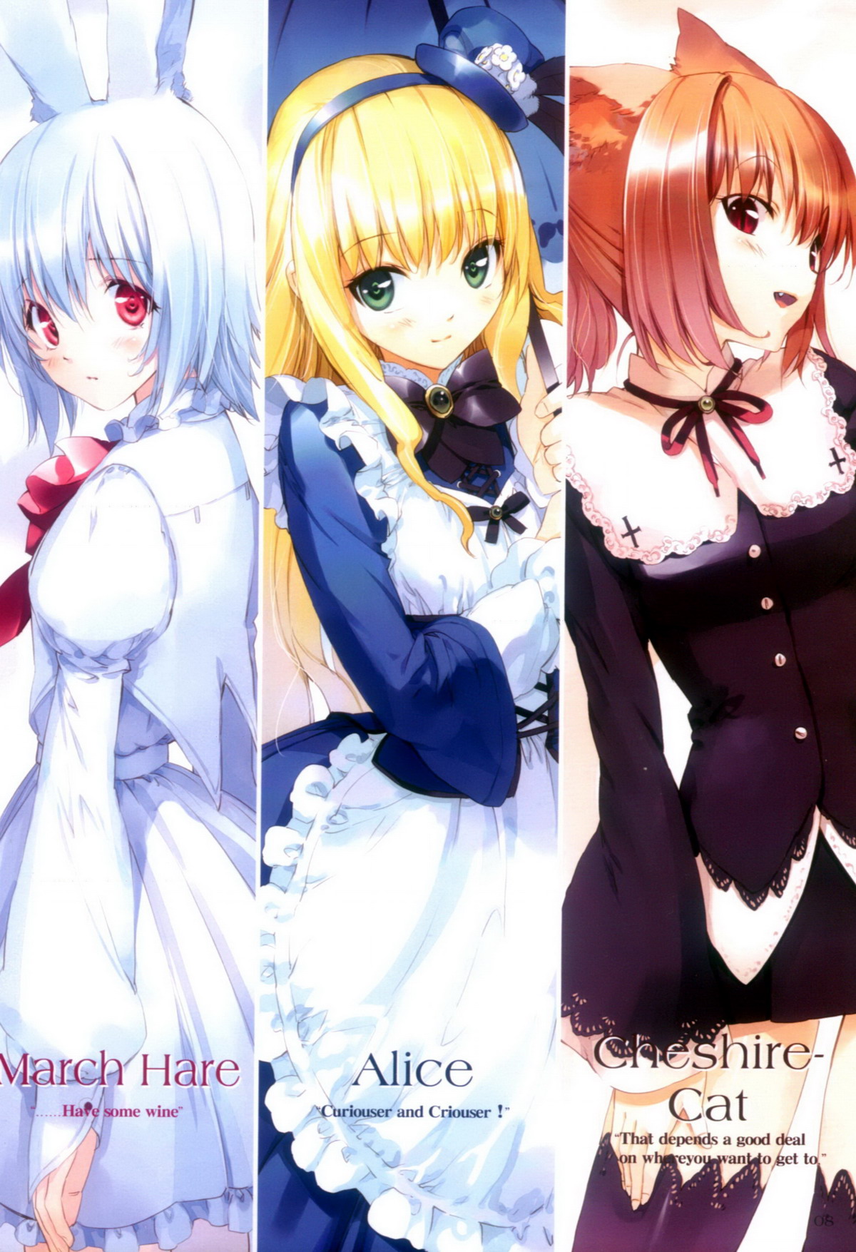 ueda ryou, alice (alice in wonderland), cheshire cat (alice in wonderland), march hare (wonderland), alice's adventures in wonderland, highres, 3girls, animal ears, apron, aqua hair, blonde hair, blush, bow, brown hair, cat ears, column lineup, dress, english text, fang, frilled dress, frills, gem, green eyes, hairband, hat, light smile, long hair, mini hat, multiple girls, open mouth, ponytail, rabbit ears, red eyes, short hair, slit pupils, thighhighs