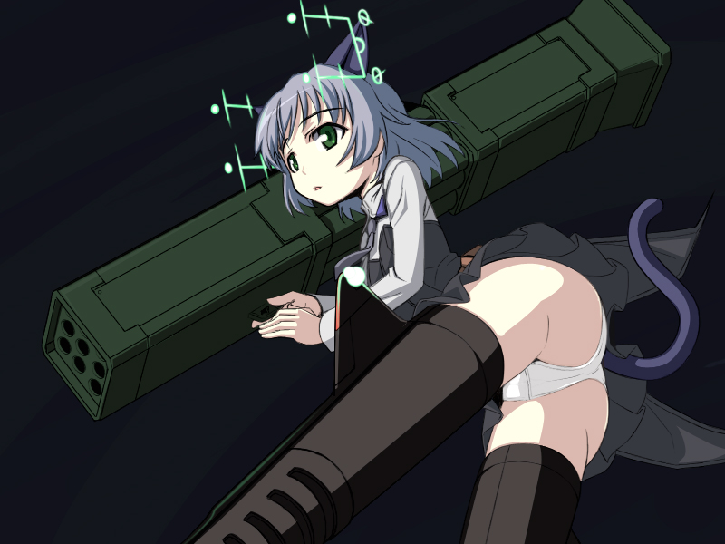 caryo, nanashino, sanya v. litvyak, strike witches, world witches series, 00s, 1girl, animal ears, ass, cat ears, cat tail, female focus, green eyes, hirschgeweih antennas, panties, rocket launcher, solo, striker unit, tail, underwear, weapon, white panties