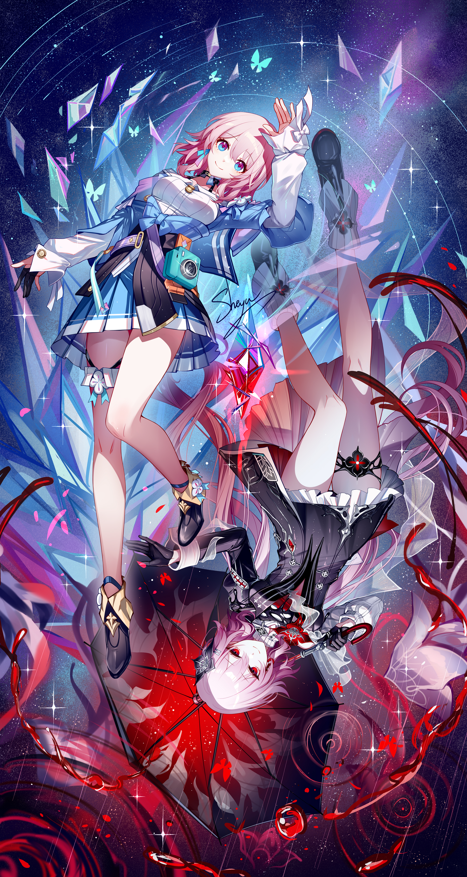 sheya, evernight (honkai: star rail), march 7th (honkai: star rail), march 7th (preservation) (honkai: star rail), honkai: star rail, honkai (series), absurdres, highres, 2girls, arm up, artist name, bare legs, black choker, black dress, black gloves, black shoes, blue eyes, blue jacket, blue skirt, camera, choker, dress, dual persona, full body, gloves, hair ornament, hairclip, holding, holding umbrella, jacket, long sleeves, looking at viewer, miniskirt, multicolored eyes, multiple girls, petticoat, pink hair, pleated skirt, purple eyes, red eyes, shirt, shoes, short dress, short hair, signature, skirt, smile, two-tone eyes, umbrella, upside-down, white shirt