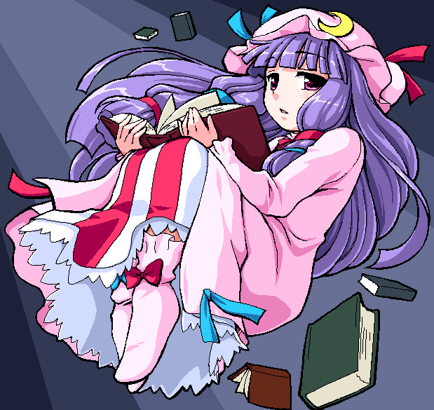 manjiduka, patchouli knowledge, touhou, bad id, bad pixiv id, 1girl, blunt bangs, book, crescent, female focus, floating, full body, hat, holding, long hair, long sleeves, looking at viewer, mob cap, open book, purple eyes, purple hair, solo, very long hair