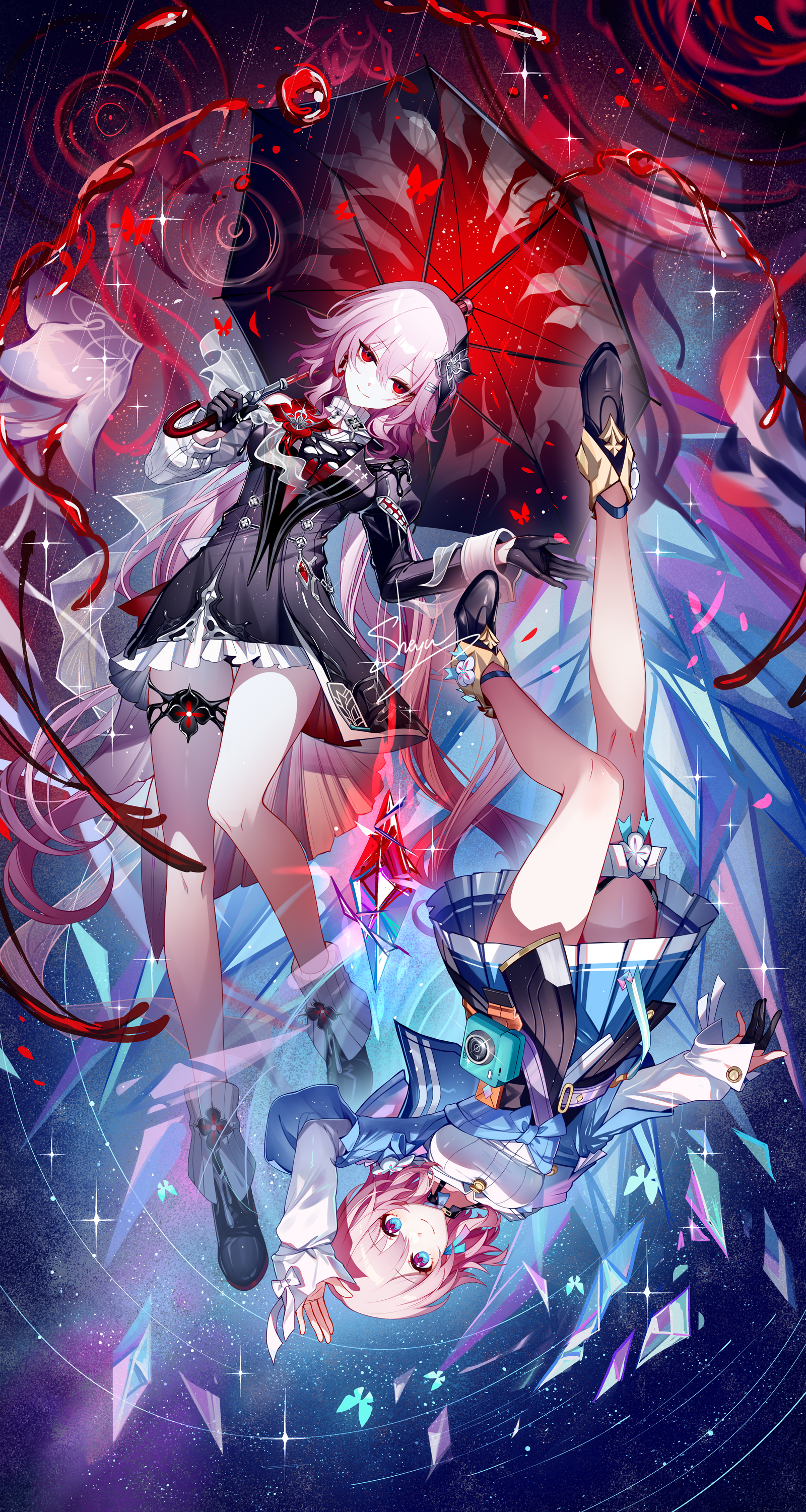 sheya, evernight (honkai: star rail), march 7th (honkai: star rail), march 7th (preservation) (honkai: star rail), honkai: star rail, honkai (series), absurdres, highres, 2girls, arm up, artist name, bare legs, black choker, black dress, black gloves, black shoes, blue eyes, blue jacket, blue skirt, camera, choker, dress, dual persona, full body, gloves, hair ornament, hairclip, holding, holding umbrella, jacket, long sleeves, looking at viewer, miniskirt, multicolored eyes, multiple girls, petticoat, pink hair, pleated skirt, purple eyes, red eyes, shirt, shoes, short dress, short hair, signature, skirt, smile, two-tone eyes, umbrella, upside-down, white shirt