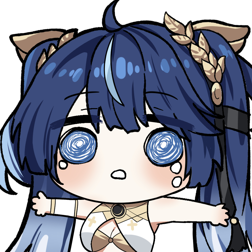 twomoon, iuno (wuthering waves), wuthering waves, commentary, english commentary, 1girl, ahoge, blue eyes, blue hair, breasts, chibi, chibi only, gold bra, gradient hair, laurel crown, long hair, medium breasts, multicolored hair, outstretched arms, parted lips, simple background, solo, streaked hair, upper body, white background