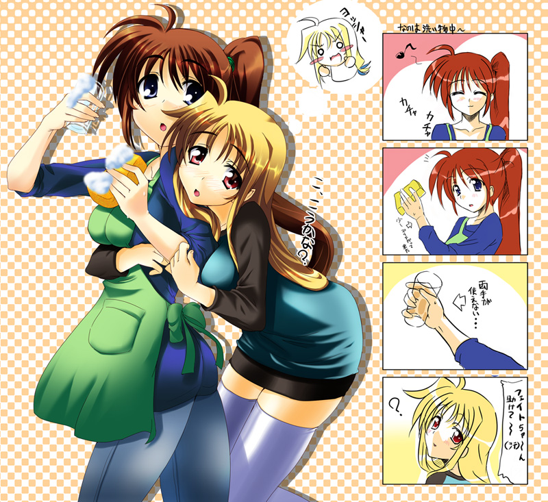 iga tamaki, fate testarossa, takamachi nanoha, lyrical nanoha, mahou shoujo lyrical nanoha, mahou shoujo lyrical nanoha strikers, translation request, 00s, 2girls, 4koma, blonde hair, comic, multiple girls, side ponytail, thighhighs