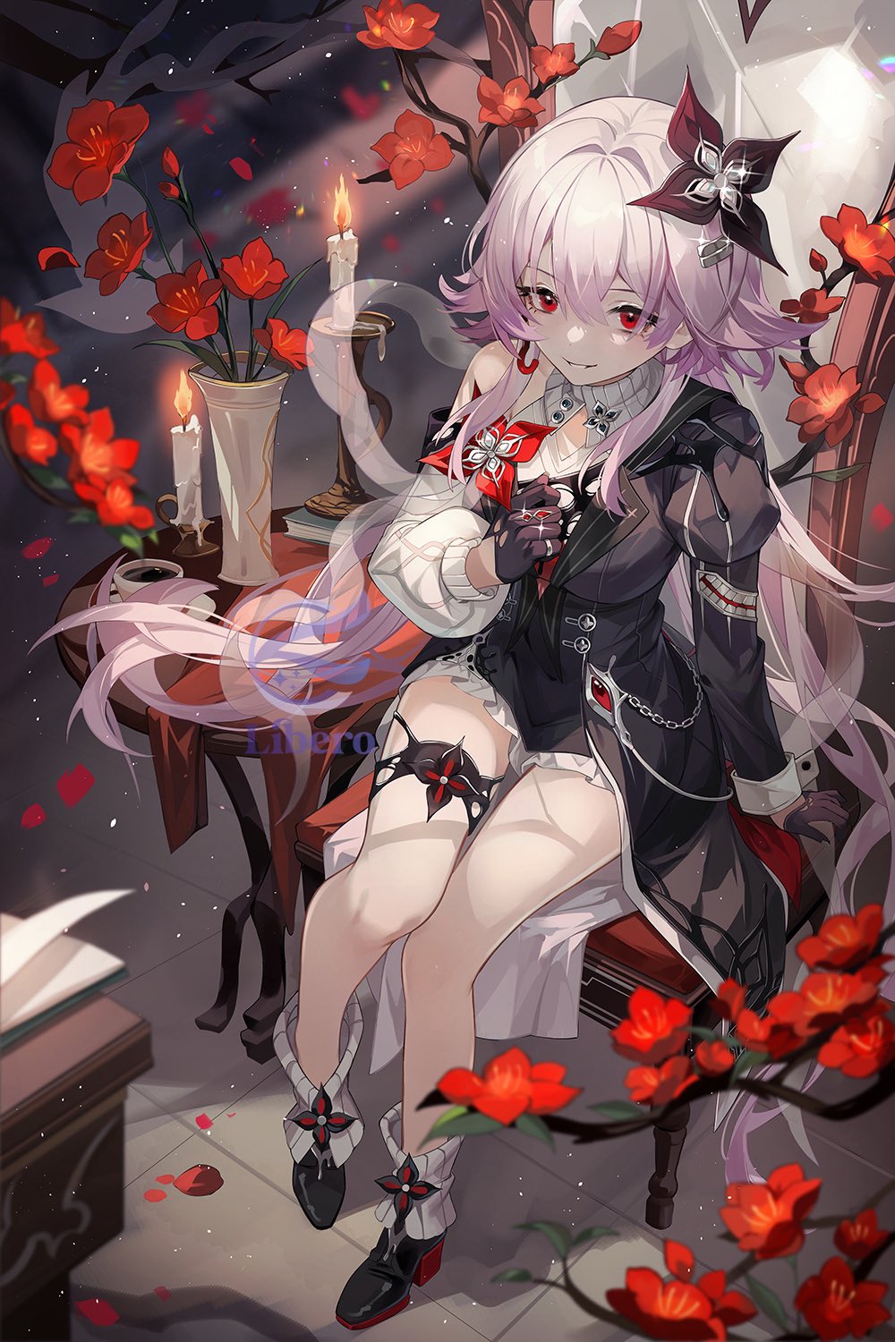 libero art, evernight (honkai: star rail), march 7th (honkai: star rail), honkai: star rail, honkai (series), highres, 1girl, asymmetrical dress, black dress, black gloves, black shoes, breasts, candle, chair, dress, flower, gloves, hair flower, hair ornament, light particles, long hair, looking at viewer, medium breasts, on chair, parted lips, pink hair, red eyes, red flower, shoes, single bare shoulder, sitting, solo, table