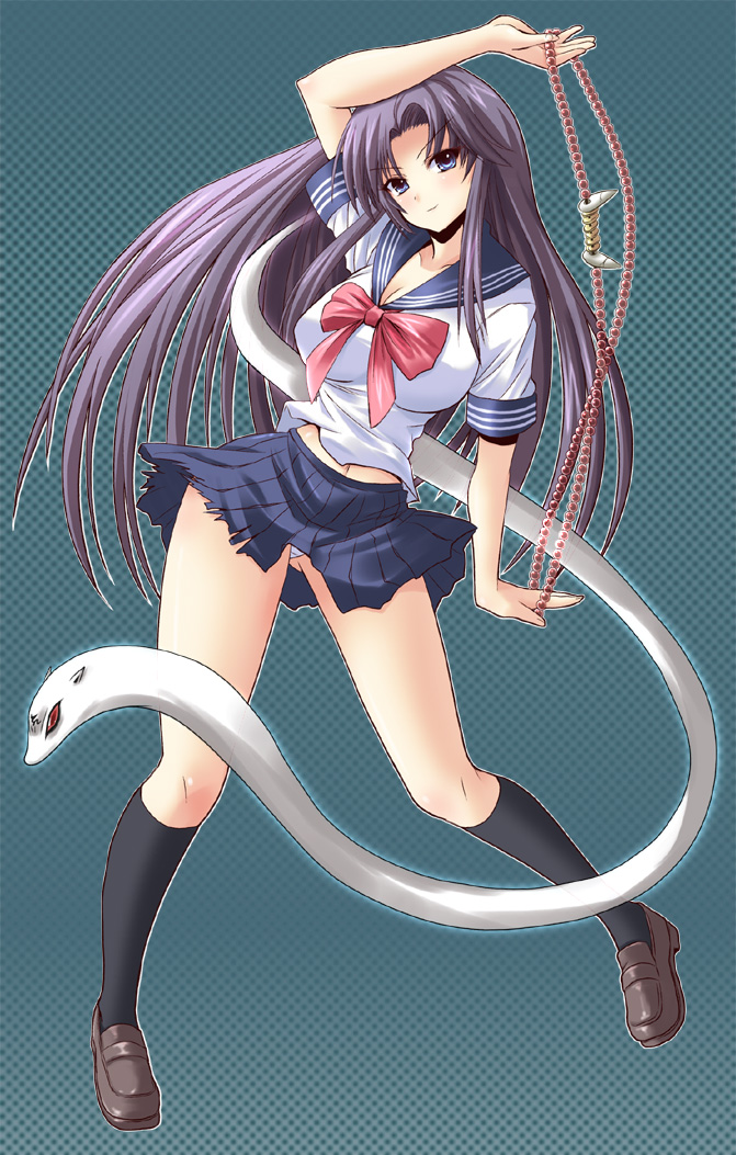 shinshin, hazuki izuna, jigoku sensei nube, reibaishi izuna, 1990s (style), black socks, blouse, blue eyes, brown shoes, kneehighs, long hair, midriff peek, navel, panties, parted bangs, purple hair, retro artstyle, school uniform, serafuku, shirt, shoes, socks, solo, torn clothes, underwear, white shirt