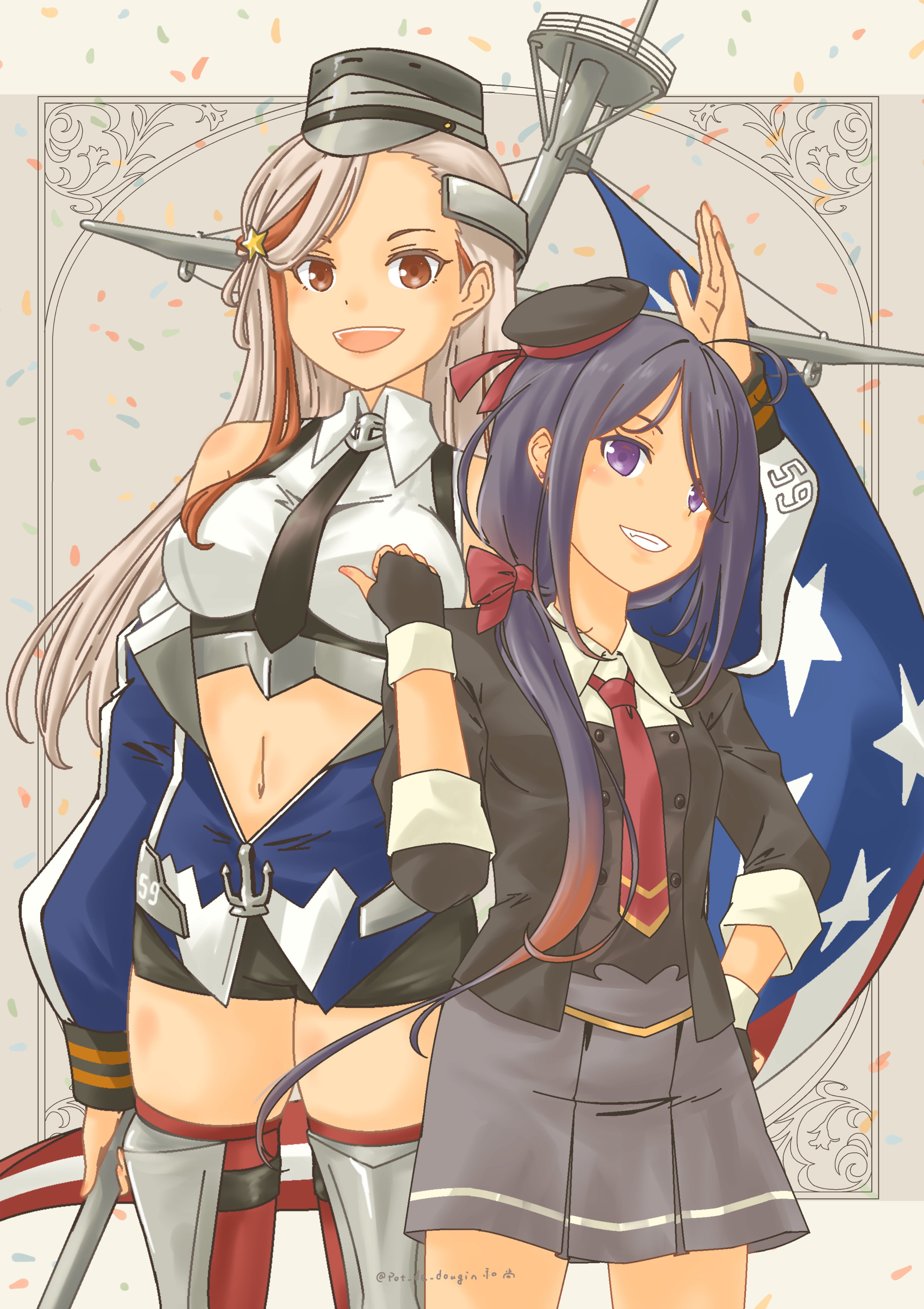 pot-de, ariake (kancolle), massachusetts (kancolle), kantai collection, absurdres, commentary request, highres, 2girls, american flag, birthday connection, black gloves, black hair, black hat, black necktie, blonde hair, blue jacket, chest harness, collared shirt, cowboy shot, dress shirt, fingerless gloves, flagpole, gloves, gradient hair, grey skirt, hair over one eye, harness, hat, headgear, jacket, long hair, low ponytail, mast, multicolored hair, multiple girls, necktie, ponytail, purple eyes, red eyes, red hair, red necktie, red thighhighs, shirt, skirt, sleeveless, sleeveless shirt, streaked hair, thighhighs, white shirt