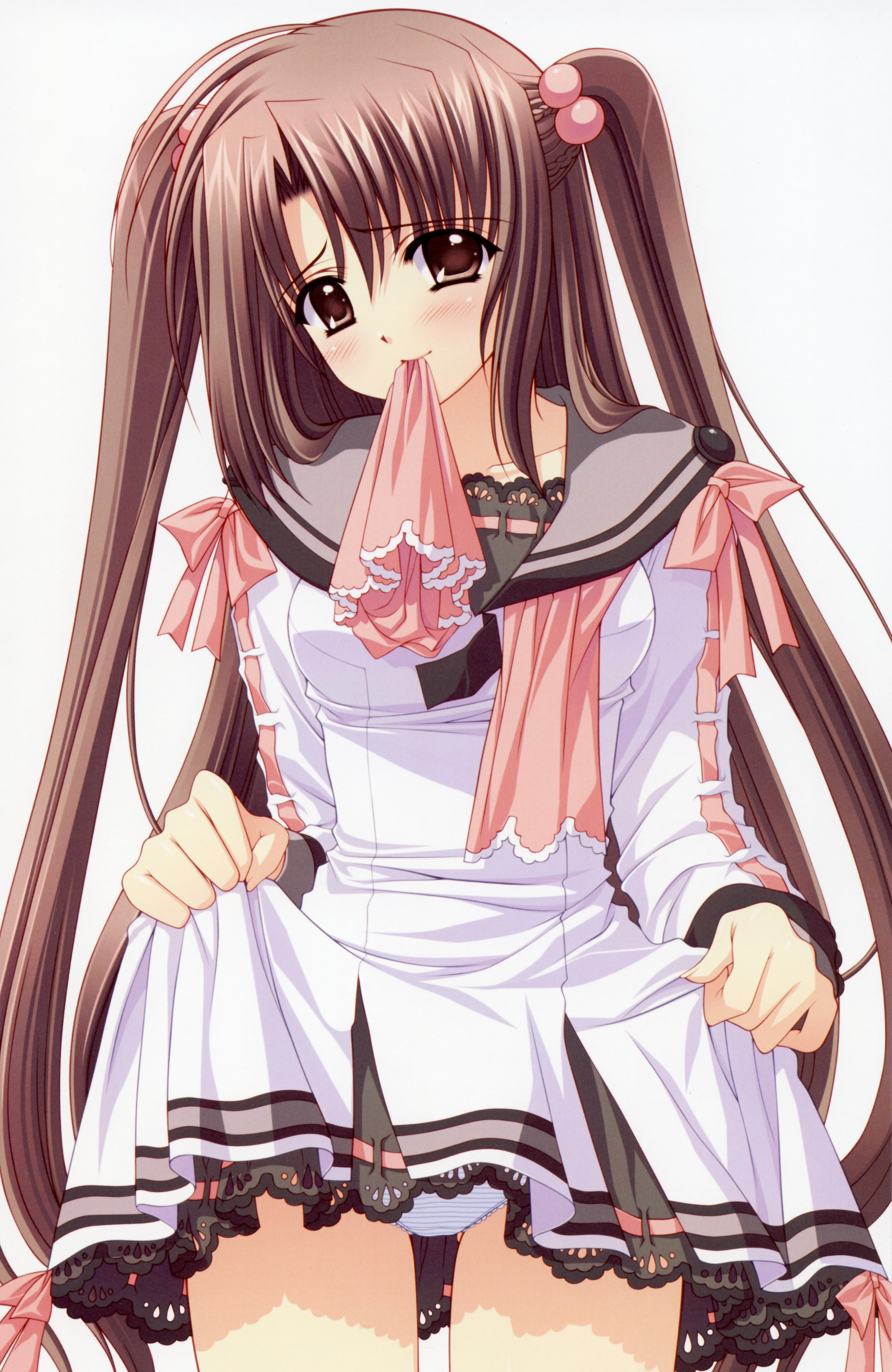 nishimata aoi, watarai asuka, oretachi ni tsubasa wa nai, absurdres, highres, 1girl, brown eyes, brown hair, clothes lift, female focus, hair bobbles, hair ornament, long hair, mouth hold, no legwear, panties, school uniform, serafuku, skirt, skirt lift, solo, striped clothes, striped panties, twintails, underwear