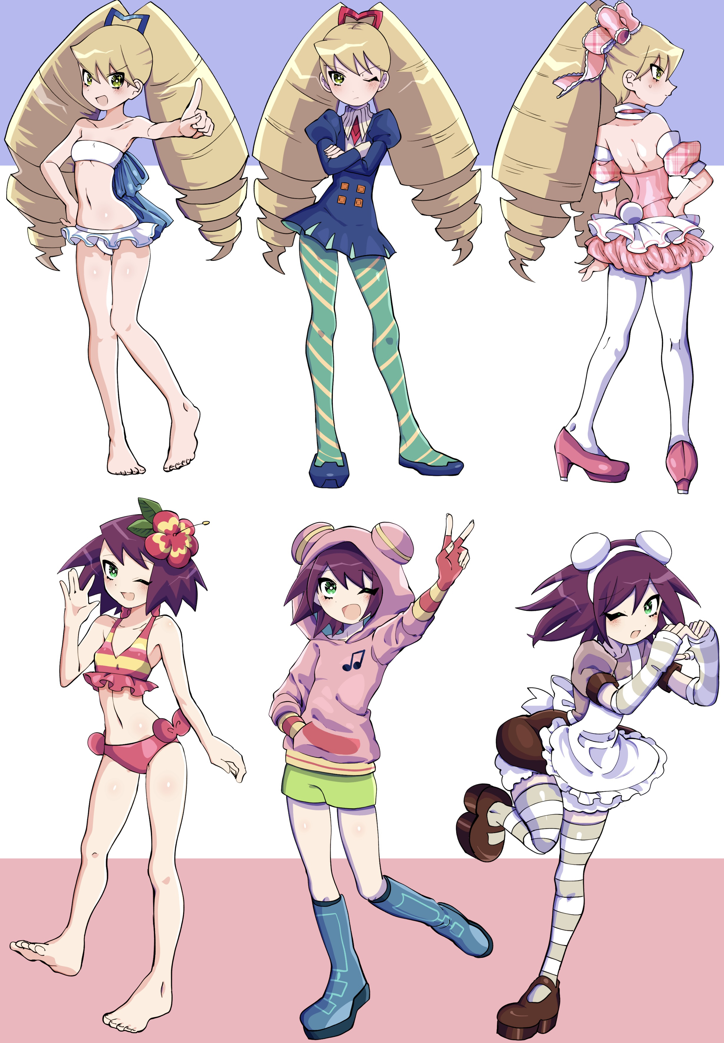 koshianpancake, luna platz (mega man), sonia strumm (mega man), mega man (series), mega man star force (series), absurdres, highres, 2girls, barefoot, bikini, blonde hair, blue boots, blue eyes, blue shirt, blue shoes, blush, boots, bow, breasts, brown shoes, closed mouth, drill hair, fingerless gloves, flower, gloves, green pants, green shorts, grey thighhighs, hair flower, hair ornament, high heels, hood, hoodie, long hair, looking at viewer, mary janes, multiple girls, one eye closed, open mouth, pants, pantyhose, pink hoodie, pink shirt, pink shoes, red bow, red hair, shirt, shoes, short hair, shorts, small breasts, smile, striped clothes, striped pantyhose, striped thighhighs, swimsuit, thighhighs, twin drills, v, very long hair, white bikini, white pantyhose