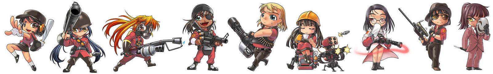 man (trance), demoman (tf2), engineer (tf2), heavy (tf2), medic (tf2), pyro (tf2), red demoman (tf2), red engineer (tf2), red heavy (tf2), red medic (tf2), red pyro (tf2), red scout (tf2), red sniper (tf2), red soldier (tf2), red spy (tf2), scout (tf2), sniper (tf2), soldier (tf2), spy (tf2), team fortress 2, gender request, highres, long image, wide image, 6+girls, bag, balisong, bandaged hand, bandages, bandolier, baseball bat, belt, black hair, blonde hair, blue eyes, chibi, closed eyes, cup, dispenser (tf2), drinking, everyone, explosive, eyepatch, flamethrower, formal clothes, gas mask, gatling gun, genderswap, glasses, green eyes, grenade, grenade launcher, gun, hard hat, helm, helmet, holding, holding baseball bat, holding flamethrower, holding weapon, knife, m1 bazooka, mask, milkor mgl, minigun, missile, multiple girls, nurse, orange hair, panties, plump, ponytail, red eyes, revolver grenade launcher, rifle, rocket launcher, rpg (weapon), saucer, skirt, sniper rifle, suit, sunglasses, teacup, twintails, underwear, weapon, yellow eyes