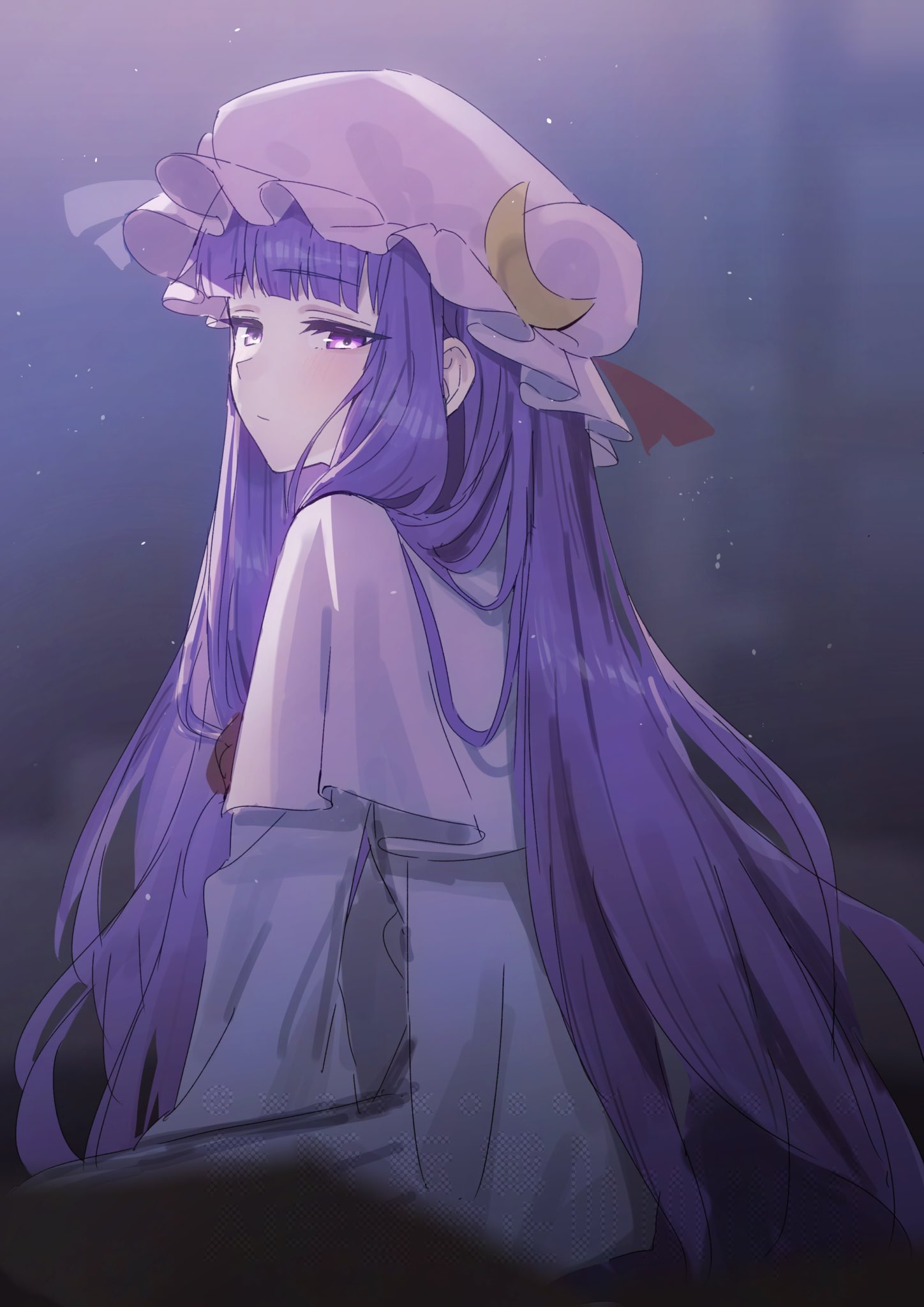 wanko sora, patchouli knowledge, touhou, commentary request, highres, blunt bangs, blurry, blurry background, crescent, crescent hat ornament, expressionless, from side, hat, hat ornament, long hair, long sleeves, looking to the side, mob cap, pink robe, purple eyes, purple hair, robe