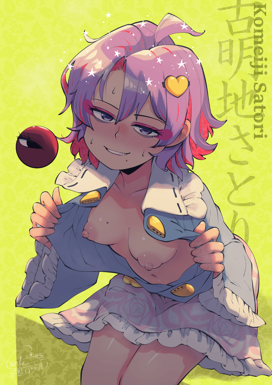 carte, komeiji satori, touhou, highres, breasts, buttons, eyeball, hair ornament, heart, heart button, heart hair ornament, puffy nipples, small breasts, third eye