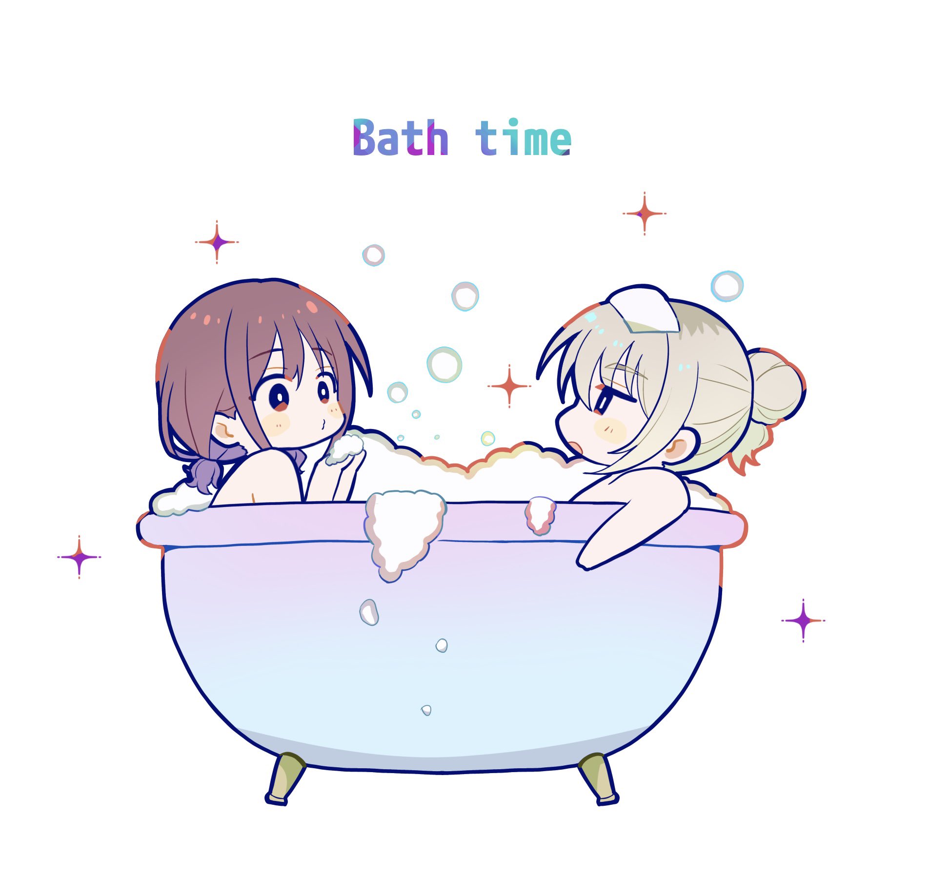 lemoontya, iseri nina, kawaragi momoka, girls band cry, commentary, highres, 2girls, bath, chibi, chibi only, closed mouth, foam, grey hair, low twintails, multicolored hair, multiple girls, roots (hair), same-sex bathing, shared bathing, short hair, short twintails, simple background, twintails, white background