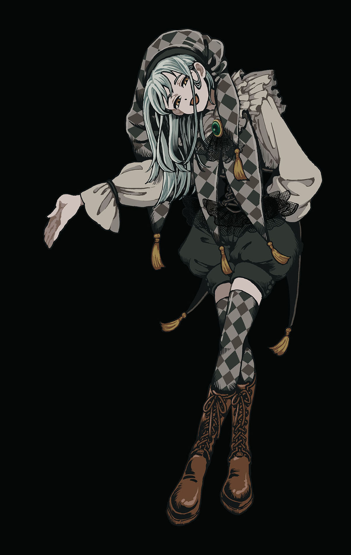 mortis (bang dream!), wakaba mutsumi, bang dream!, bang dream! it's mygo!!!!!, commentary request, highres, official art, 1girl, arm behind back, black background, boots, brown boots, crossed legs, full body, green hair, green hat, green shorts, grey shirt, hachibousei dance (bang dream!), hat, head tilt, horokenmo, jester cap, knee boots, lace-up boots, long hair, long sleeves, looking at viewer, official alternate costume, open mouth, puffy long sleeves, puffy sleeves, shirt, shorts, simple background, smile, solo, standing, tassel, yellow eyes