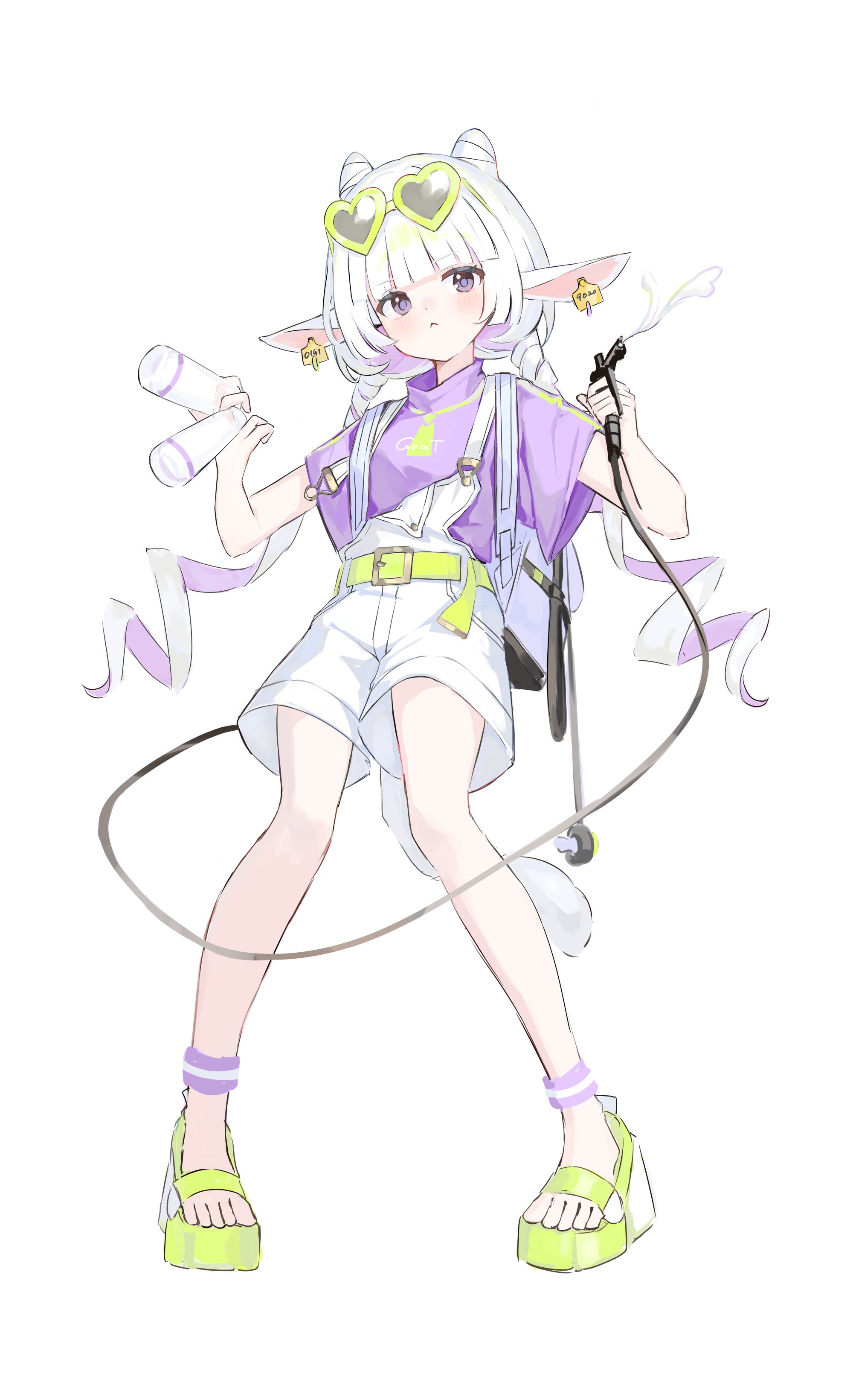 shiro wa (shiroshironix), original, absurdres, highres, 1girl, :<, animal ears, backpack, bag, belt, blunt bangs, blush, cable, closed mouth, cow ears, ear tag, green belt, holding, holding hose, hose, long hair, low twintails, multicolored hair, overall shorts, overalls, purple eyes, purple hair, purple shirt, shirt, short sleeves, shorts, simple background, solo, tail, twintails, two-tone hair, very long hair, white background, white hair, white shorts