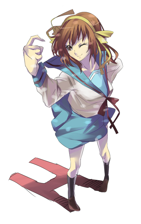 akishima kei, suzumiya haruhi, suzumiya haruhi no yuuutsu, 00s, brown eyes, brown hair, hairband, one eye closed, school uniform, serafuku, solo, wink