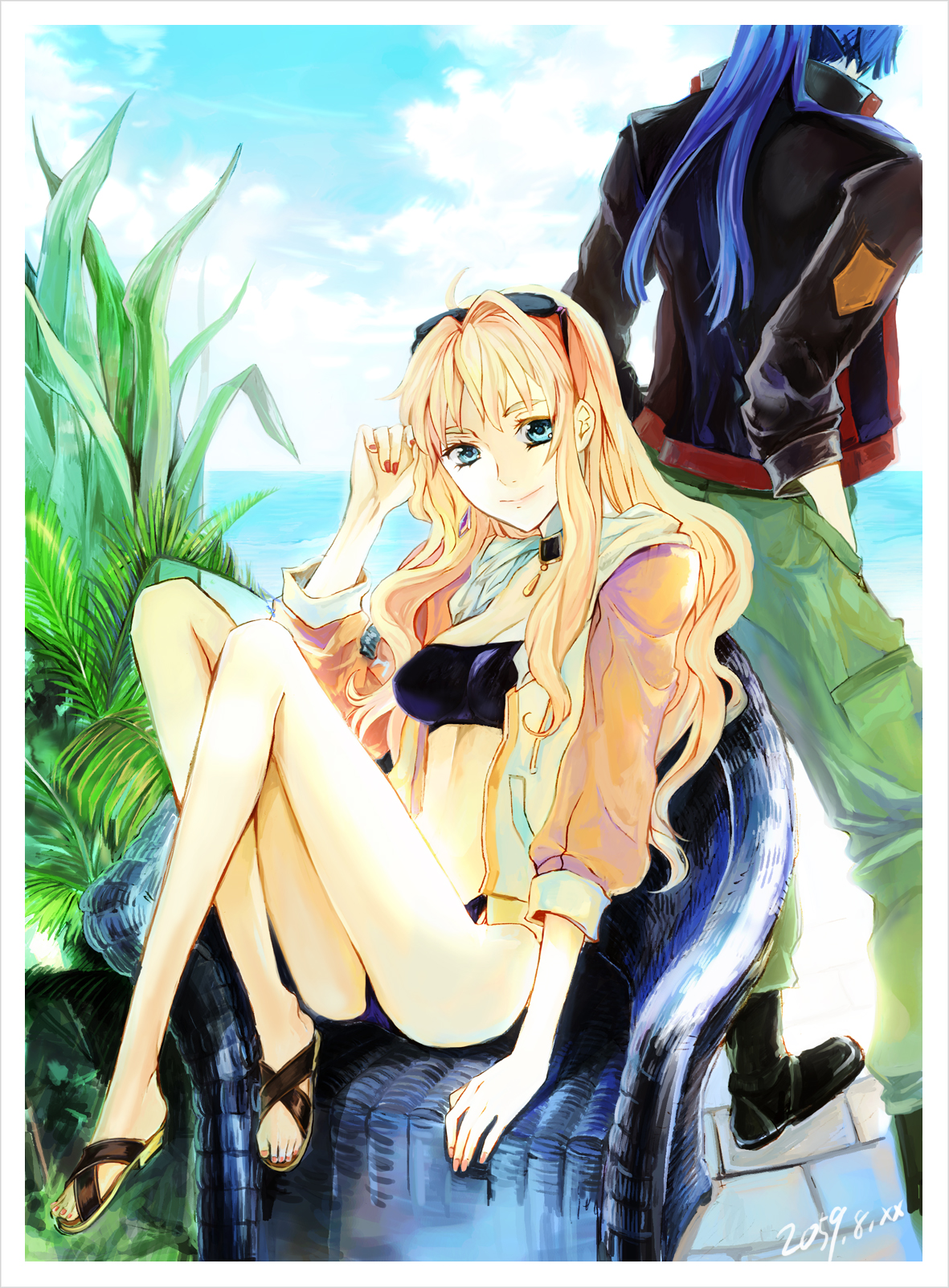 mooche, saotome alto, sheryl nome, macross, macross frontier, highres, 00s, 1boy, 1girl, blonde hair, blue eyes, breasts, cleavage, earrings, jewelry, long hair, pink hair, sandals, smile, sunglasses, sunglasses on head