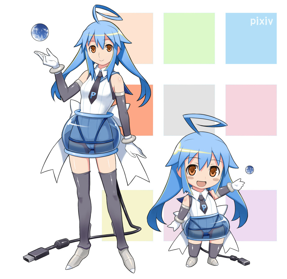 maruto!, pixiv-tan, pixiv, bad id, bad pixiv id, ahoge, blue hair, brown eyes, cable, chibi, long hair, necktie, skirt, smile, thighhighs, usb