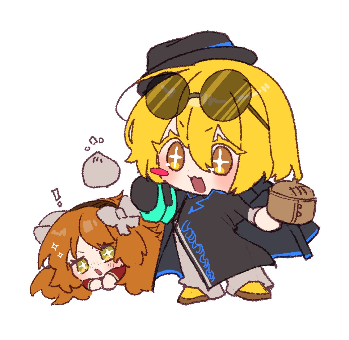 nantekottawo!!, don quixote (project moon), ishmael (project moon), limbus company, project moon, highres, 2girls, blonde hair, chibi, food, multiple girls, orange hair, sparkling eyes, steamed bun, yellow eyes