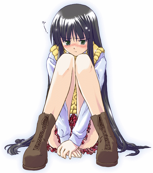 shinozuka arashi, gad guard, animated, animated gif, 00s, 1girl, aran sweater, black hair, blush, boots, cable knit, clothes lift, embarrassed, female focus, fidgeting, flashing, full body, green eyes, hugging own legs, knees up, long hair, outline, panties, school uniform, serafuku, skirt, skirt lift, solo, striped clothes, striped panties, sweater, sweater vest, underwear, upskirt, very long hair, vest, white background
