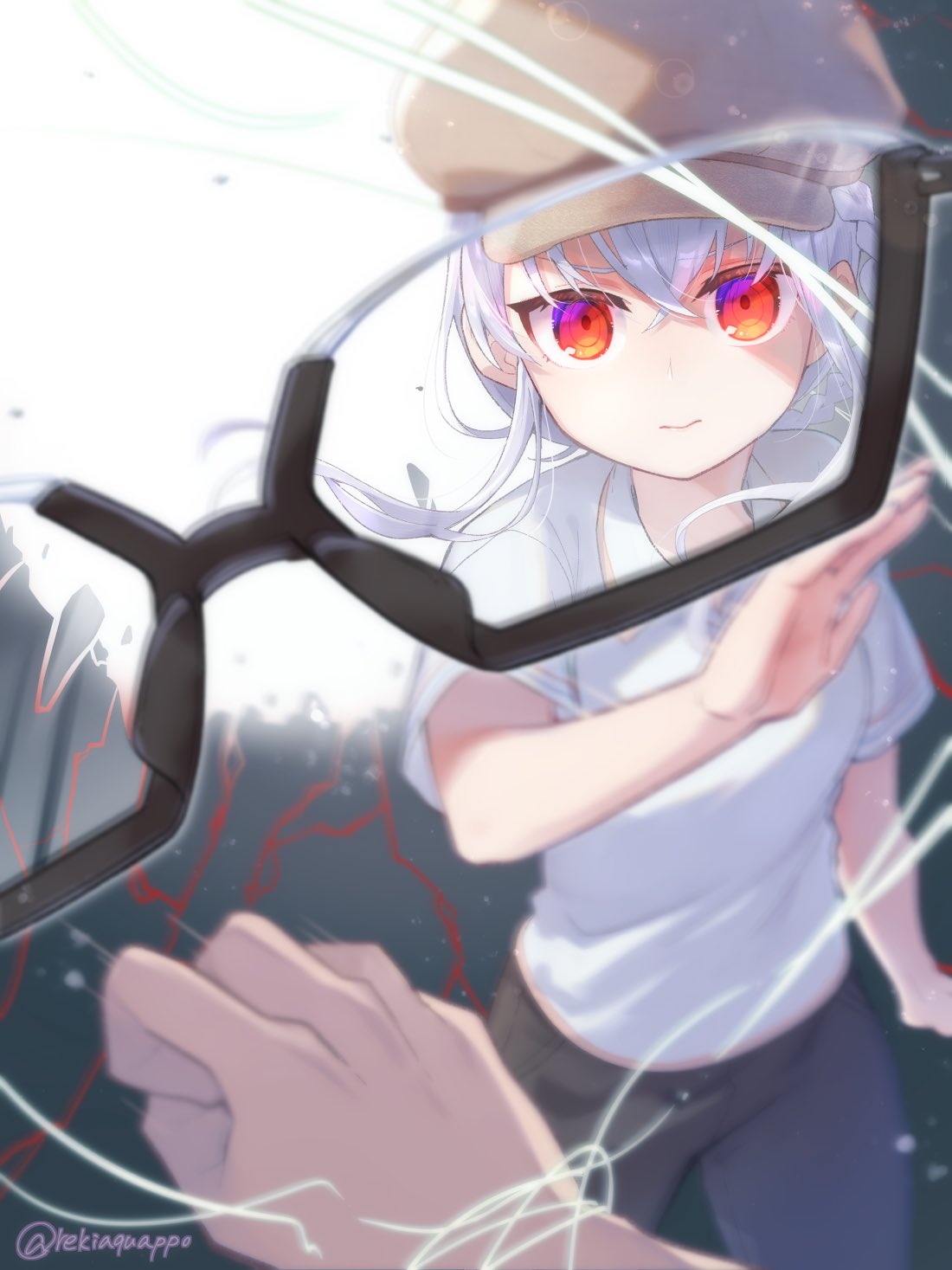 reki (arequa), kotoyose fumino, nukigee mitai na shima ni sunderu watashi wa dou surya ii desu ka?, highres, 1girl, 1other, black-framed eyewear, black shorts, blurry, braid, broken glass, closed mouth, collared shirt, depth of field, electricity, glass, glasses, hair between eyes, hand up, hat, holding, long hair, looking at viewer, newsboy cap, out of frame, pov, pov hands, red eyes, shirt, short sleeves, shorts, solo focus, white hair, white shirt