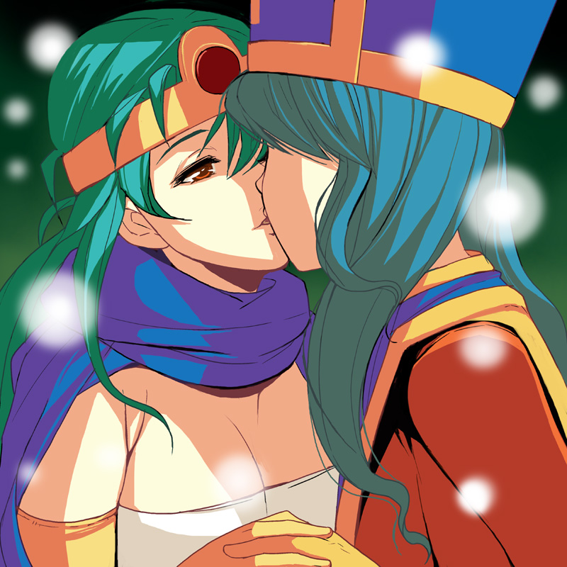 kouno (masao), priest (dq3), sage (dq3), chunsoft, dragon quest, dragon quest iii, enix, bad id, bad pixiv id, 2girls, blue hair, bodysuit, circlet, elbow gloves, gloves, green hair, hat, holding hands, kiss, latex, latex gloves, mitre, multiple girls, red eyes, scarf, tiara, yuri