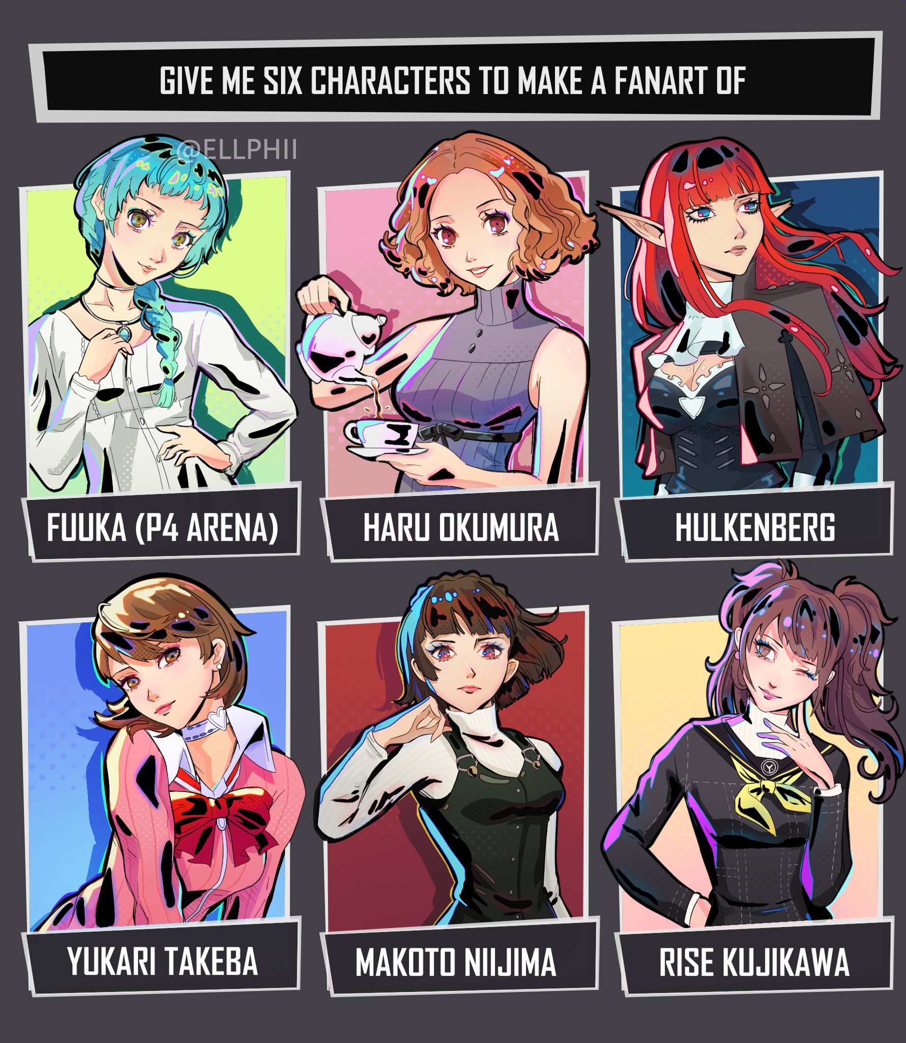 hulkenberg (metaphor: refantazio), kujikawa rise, niijima makoto, okumura haru, takeba yukari, yamagishi fuuka, metaphor: refantazio, persona, persona 3, persona 4, persona 4: the ultimate in mayonaka arena, persona 5, commentary, english commentary, highres, 6+girls, aqua hair, ascot, bare shoulders, black jacket, black ribbon, black sailor collar, black shirt, black vest, blue eyes, bow, braid, breasts, brown eyes, brown hair, character name, choker, closed mouth, copyright name, cropped jacket, crown braid, cup, curly hair, ellphii, english text, frilled sleeves, frills, gekkoukan high school uniform, grey background, hand on own hip, holding, holding cup, holding teapot, jacket, jacket on shoulders, jewelry, long hair, long sleeves, looking ahead, looking at viewer, medium breasts, multiple drawing challenge, multiple girls, neckerchief, necklace, parted lips, pink lips, pink shirt, pointy ears, pouring, purple hair, purple shirt, red bow, red eyes, red hair, ribbon, sailor collar, school uniform, shirt, short hair, sidelocks, single braid, six fanarts challenge, sleeveless, sleeveless shirt, small breasts, smile, swept bangs, tea, teapot, twintails, twitter username, vest, white ascot, white choker, white shirt, yasogami school uniform, yellow neckerchief