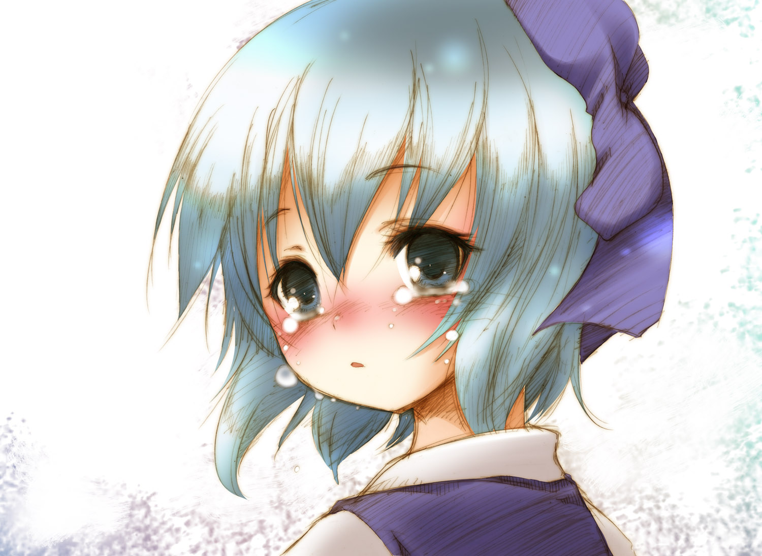 fujisaki hikari, cirno, embodiment of scarlet devil, touhou, 1girl, blue hair, blush, close-up, crying, crying with eyes open, female focus, looking back, short hair, solo, tears