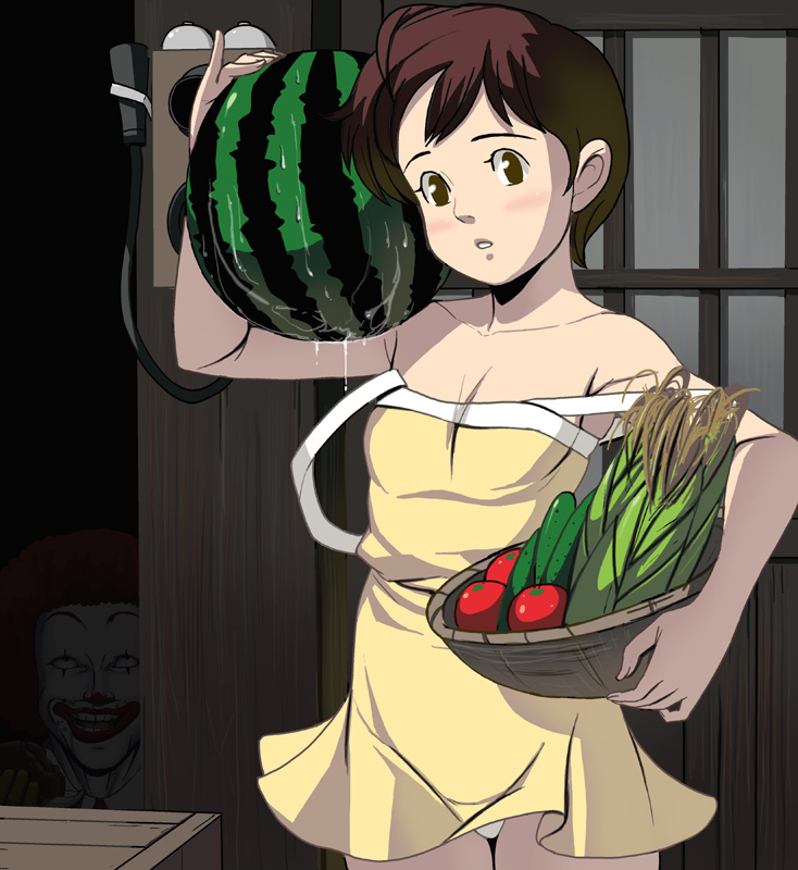 kouno (masao), kusakabe satsuki, ronald mcdonald, mcdonald's, tonari no totoro, 1980s (style), bad id, bad pixiv id, 1girl, afro, ahegao, bare shoulders, basket, blush, brown eyes, brown hair, burger, corded phone, creepy, cucumber, dress, food, fruit, hiding, holding, holding food, holding fruit, holding watermelon, oldschool, panties, pantyshot, peeking, phone, retro artstyle, short hair, strap slip, tomato, underwear, vegetable, voyeurism, watermelon, what, when you see it, you gonna get raped
