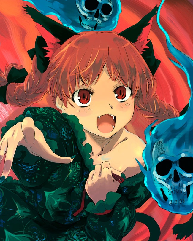 yuu (kfc), kaenbyou rin, touhou, duplicate, 1girl, braid, female focus, green nails, nail polish, solo, twin braids