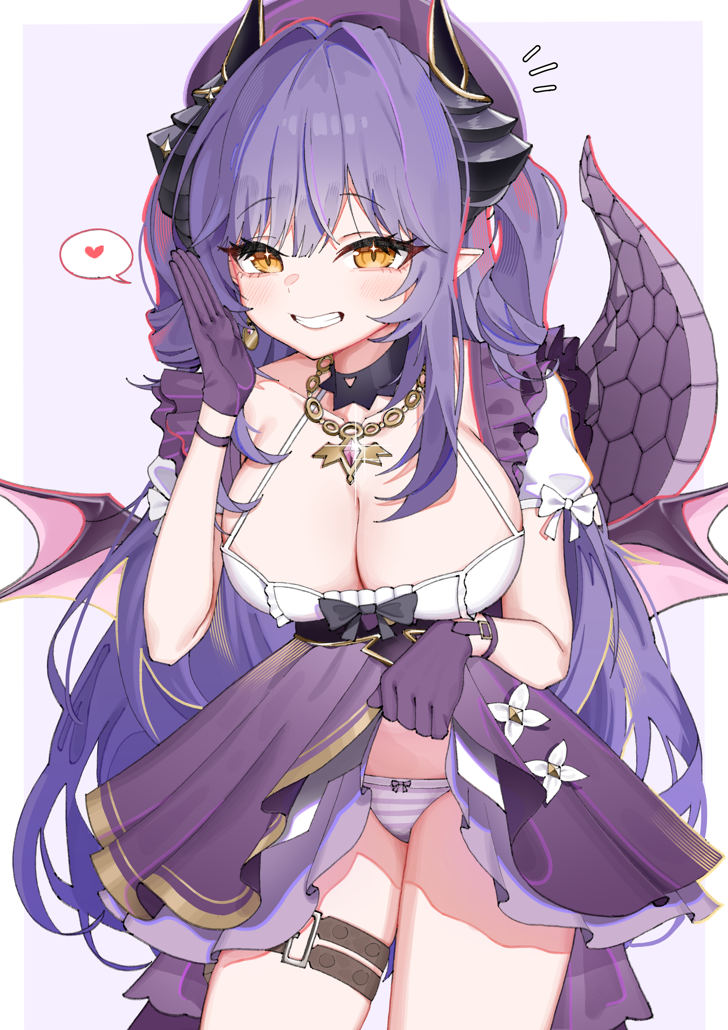 cetci, stellive, absurdres, highres, 1girl, belt, black bow, black horns, blush, border, bow, bow panties, breasts, brown belt, cleavage, clothes lift, collarbone, dragon girl, dragon horns, dragon tail, dragon wings, earrings, gem, glint, gloves, gold earrings, gold necklace, gold trim, hand up, hat, heart, horns, inset border, jewelry, large breasts, long hair, long sleeves, multicolored hair, necklace, notice lines, panties, parted lips, pointy ears, purple background, purple gemstone, purple gloves, purple hair, purple hat, purple skirt, sakihane huya, shirt, shirt bow, short sleeves, single earring, skirt, skirt lift, slit pupils, smile, solo, spoken heart, standing, streaked hair, striped clothes, striped panties, tail, teeth, thigh belt, thigh strap, thighs, underwear, very long hair, virtual youtuber, white border, white panties, white shirt, wings, yellow eyes