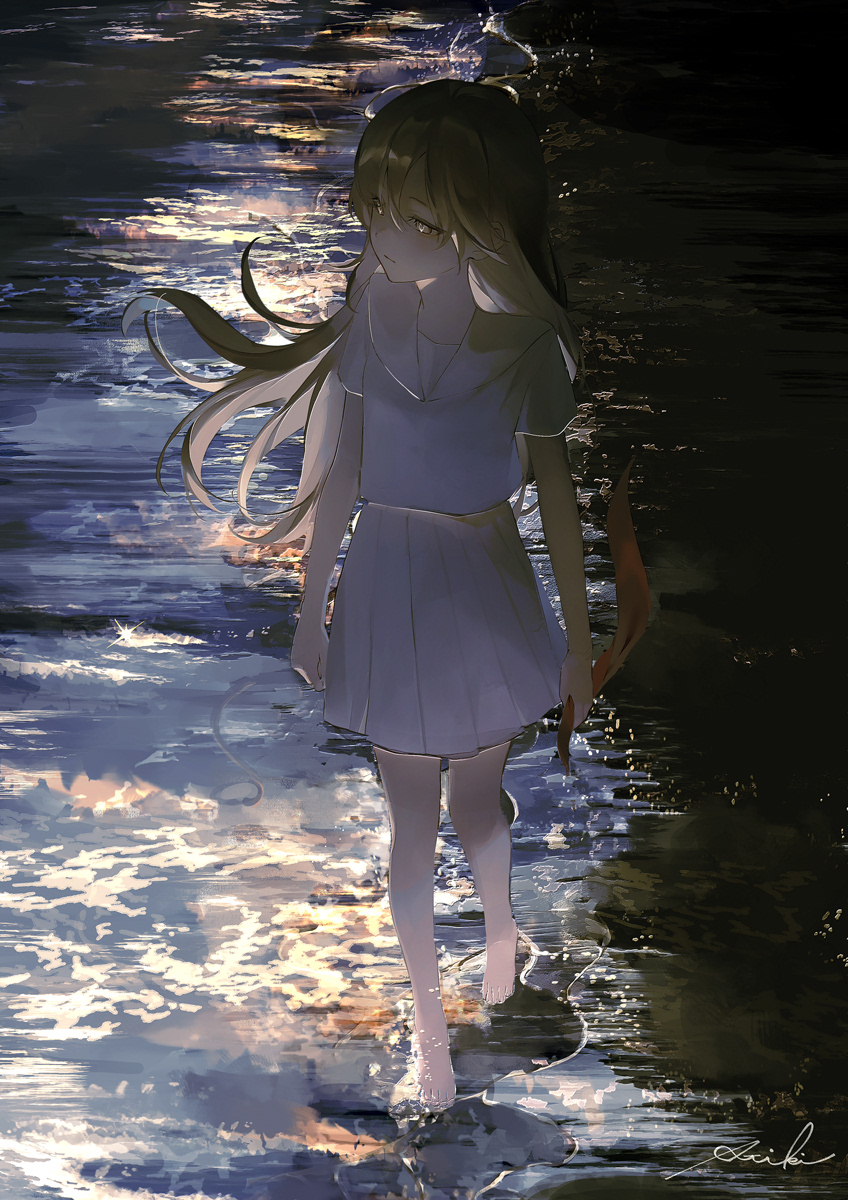 achiki, original, highres, 1girl, barefoot, closed mouth, floating hair, grey skirt, holding, holding ribbon, long hair, night, outdoors, pleated skirt, red ribbon, reflection, reflective water, ribbon, sailor collar, school uniform, serafuku, shirt, short sleeves, skirt, solo, standing, wading, walking, water, white shirt, white skirt