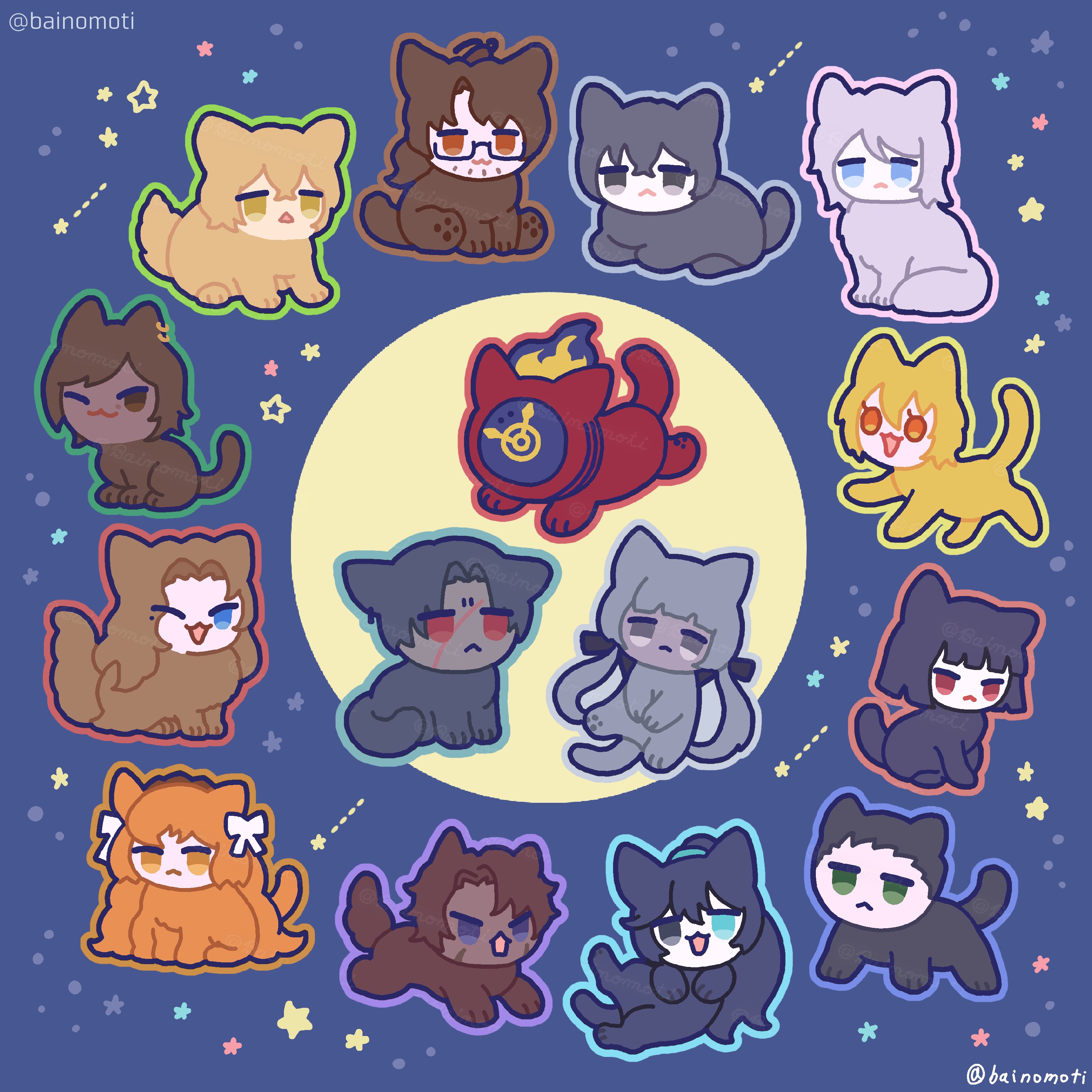 charon (project moon), dante (limbus company), don quixote (project moon), faust (project moon), gregor (project moon), heathcliff (project moon), hong lu (project moon), ishmael (project moon), meursault (project moon), outis (project moon), rodion (project moon), ryoshu (project moon), sinclair (project moon), vergilius (project moon), yi sang (project moon), limbus company, project moon, absurdres, commentary request, highres, tagme, animalization, artist name, bainomoti, cat, no humans, outline, signature, twitter username