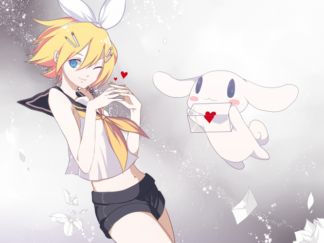 harano, kagamine rin, vocaloid, 1girl, ;), blonde hair, blue eyes, blush, creature, female focus, heart, letter, looking at viewer, navel, one eye closed, own hands together, sailor collar, school uniform, serafuku, short hair, smile, solo, stomach, swimsuit