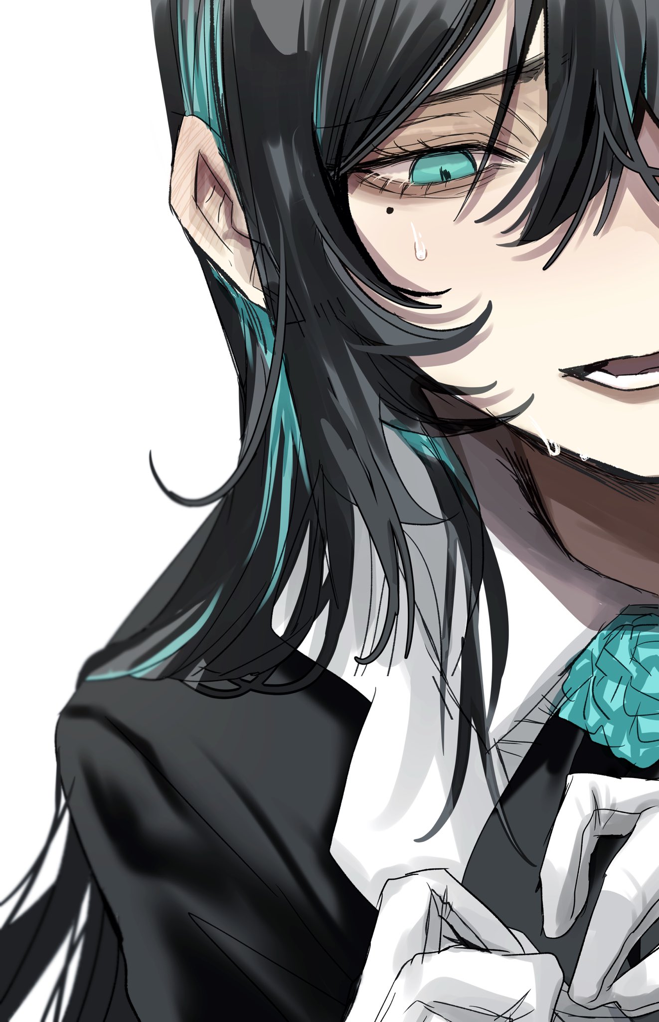 gunjyou (gunjyou 00), chando (ado), ado (utaite), commentary, highres, symbol-only commentary, 1girl, black hair, blue eyes, blue hair, blush, ear blush, gloves, long hair, nervous sweating, open mouth, sidelocks, simple background, solo, sweat, upper body, utaite, white background, white gloves