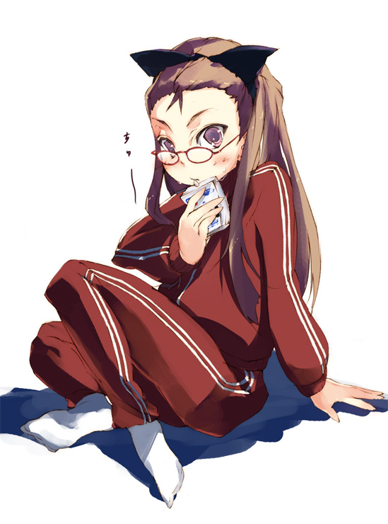 kitano yuusuke, minase iori, idolmaster, idolmaster (classic), idolmaster 1, 00s, 1girl, blush, brown hair, female focus, full body, glasses, jacket, juice box, long sleeves, purple eyes, red-framed eyewear, sitting, socks, solo, track jacket, track suit