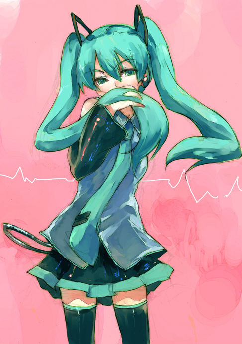 kitano yuusuke, hatsune miku, vocaloid, 1girl, aqua hair, black skirt, black thighhighs, detached sleeves, female focus, green eyes, headgear, long hair, long sleeves, necktie, pleated skirt, skirt, solo, standing, thighhighs, twintails, zettai ryouiki