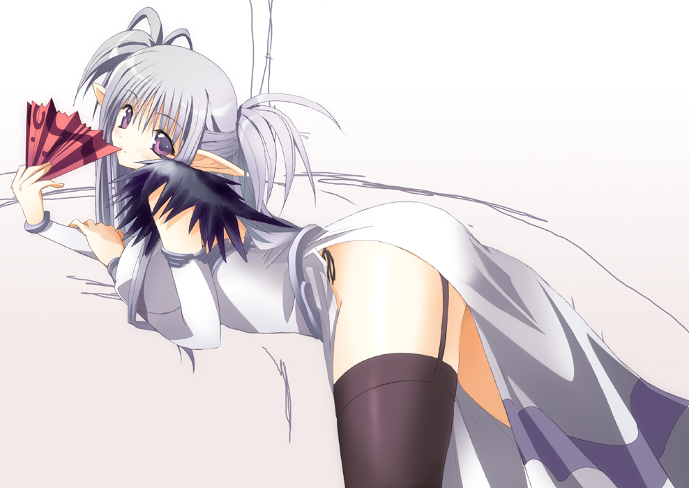 tanaka hitoriaruki, rafieru, raphael (fullani), fullani, silver hair, 1girl, ass, bed, black thighhighs, blush, breasts, covered erect nipples, detached sleeves, dress, elf, female focus, folding fan, from behind, fur trim, garter straps, hand fan, impossible clothes, impossible dress, large breasts, long hair, looking back, lying, mouth hold, naughty face, on stomach, panties, pointy ears, purple eyes, short twintails, side-tie panties, sketch, smile, solo, thighhighs, thighs, twintails, two side up, underwear, very long hair