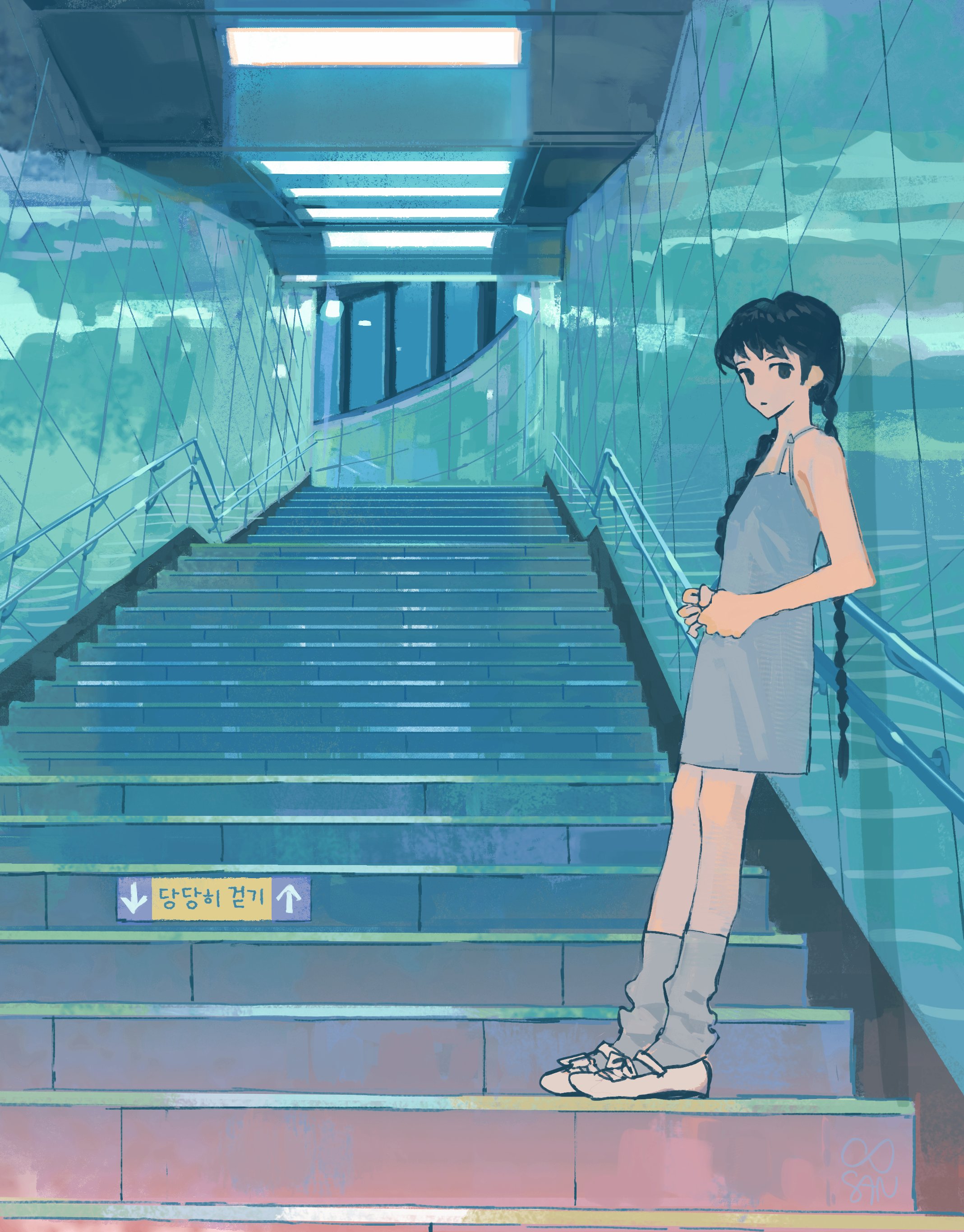 oosan1020, original, absurdres, highres, 1girl, black eyes, black hair, braid, dress, full body, grey dress, grey socks, indoors, long hair, looking at viewer, railing, shoes, sleeveless, socks, solo, stairs, standing, twin braids, very long hair