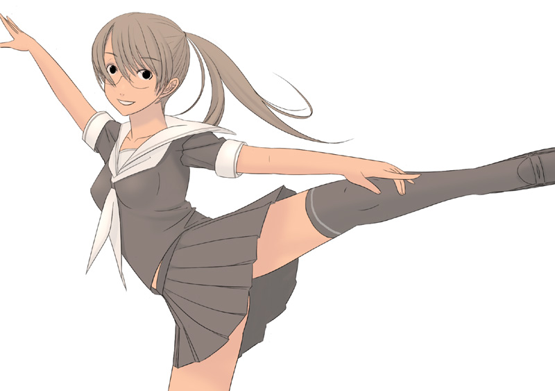 kiriman (souldeep), original, 1girl, bend, black eyes, brown hair, female focus, glasses, kneehighs, ponytail, school uniform, serafuku, smile, socks, solo, tan, thighhighs